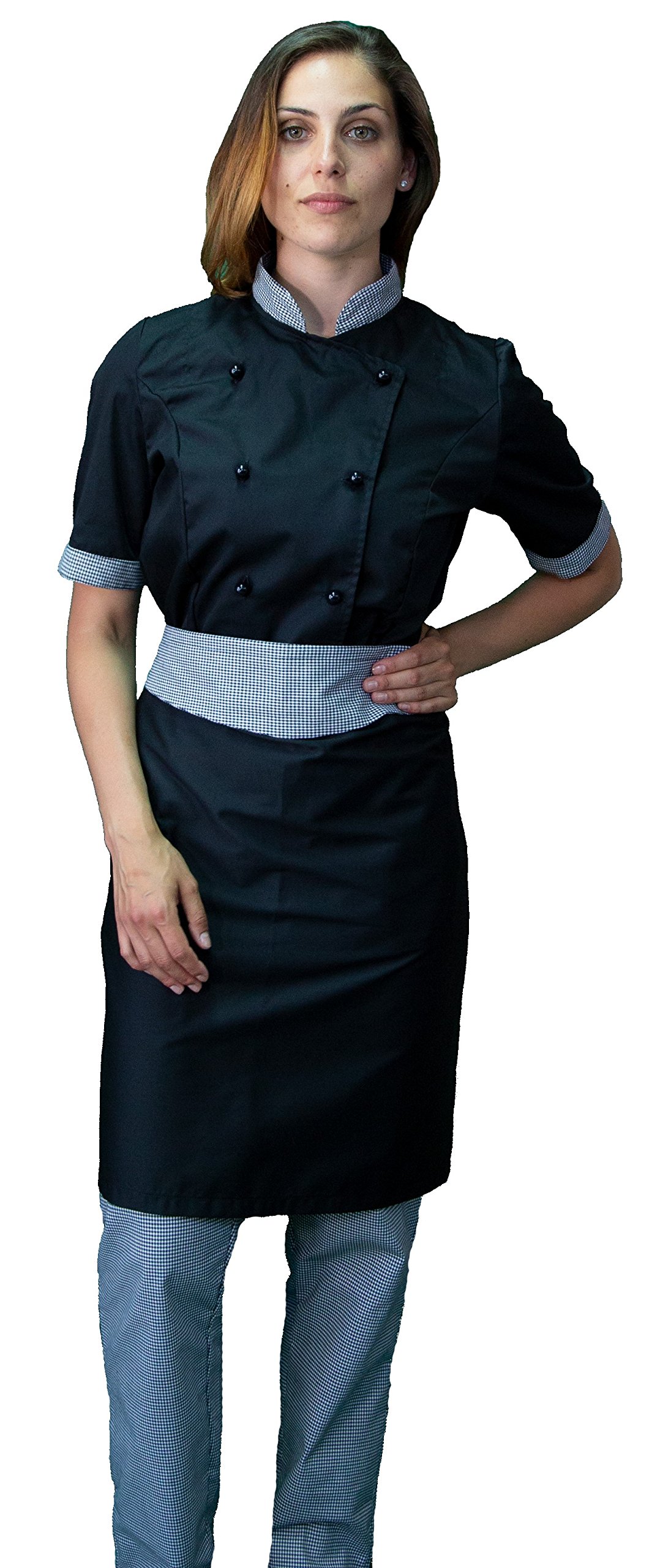 Ricamo Gratuito - Completo Cuoco da Cucina - Nero e Pied de Poule - Divisa Chef Donna Manica Corta - Pantalone, Giacca e Grembiule - Made in Italy