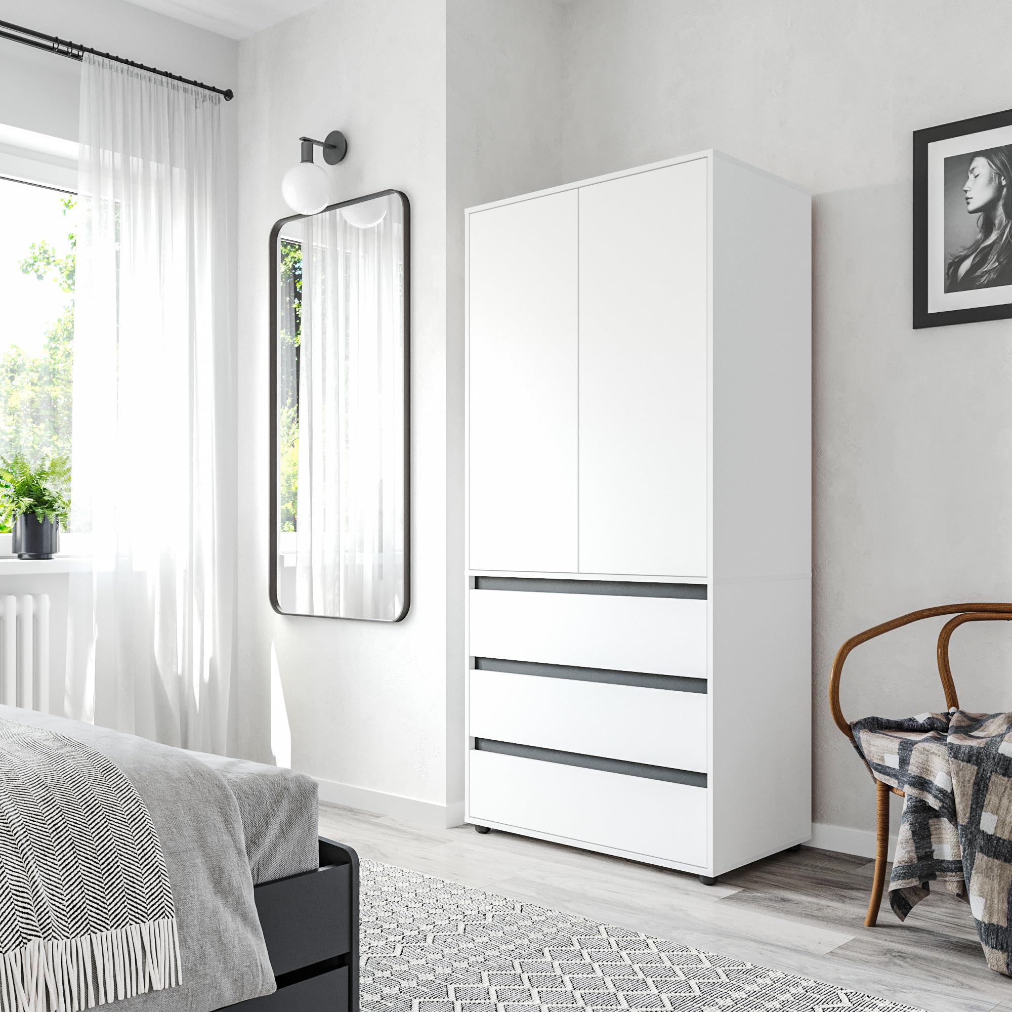 KOMTO Kleiderschrank Klein in Weiß - Schrank Schlafzimmer Kinderzimmer Mehrzweckschrank mit 2-türig & 3 Schubladen Garderobenschrank Flur | Drehtürenschrank Cube 90 x 192 x 53 cm