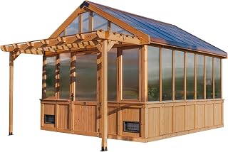 Backyard Discovery Bellerose XL 13x11 Cedar Walk-in Greenhouse Kit: Pergola, Exhaust Fan, PowerPort, Shelves for Year-Round Gardening