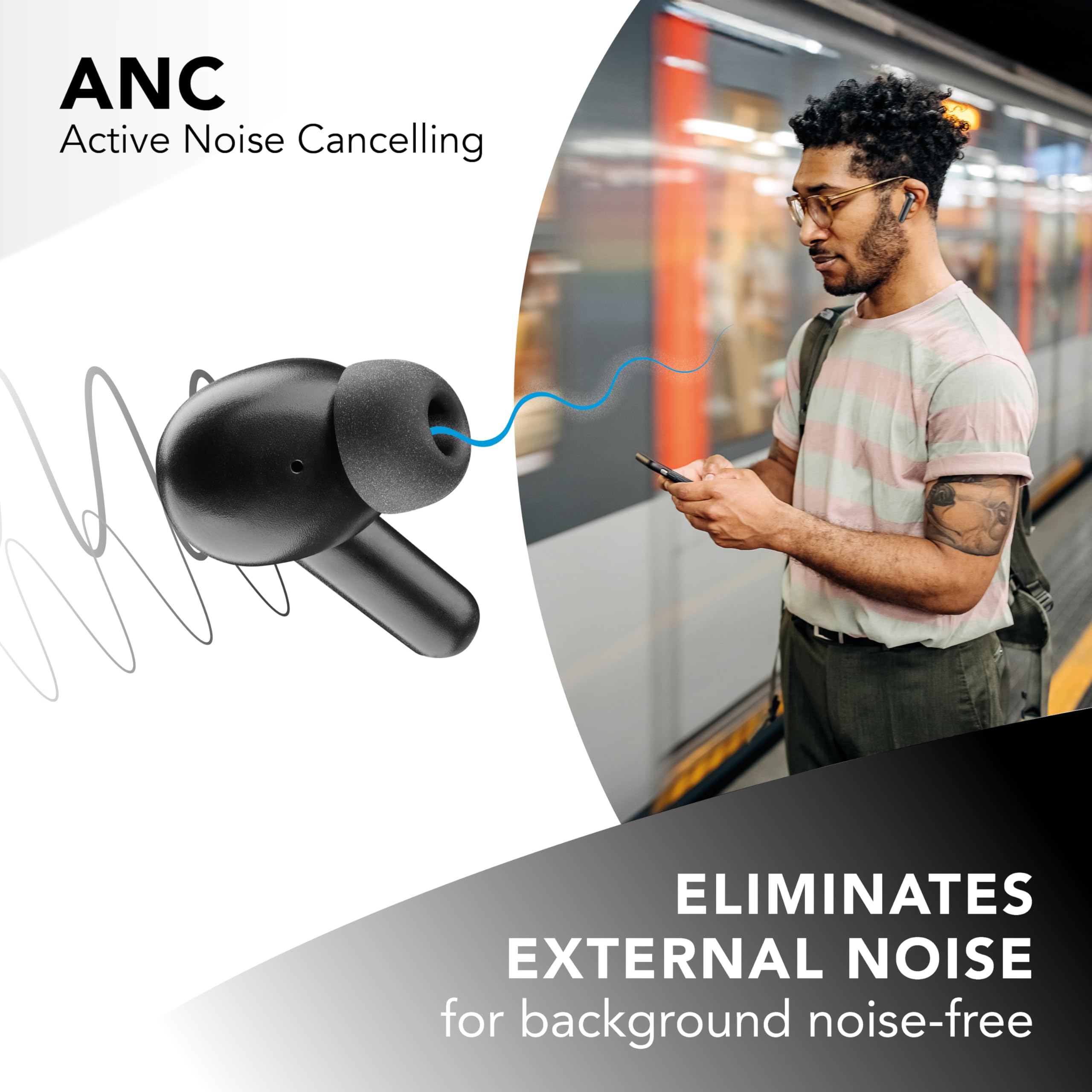 Music Sound auricolari senza fili ergonomici Numia con la cancellazione attiva del rumore, la modalità trasparenza, il Bluetooth e 30 ore di autonomia, nero