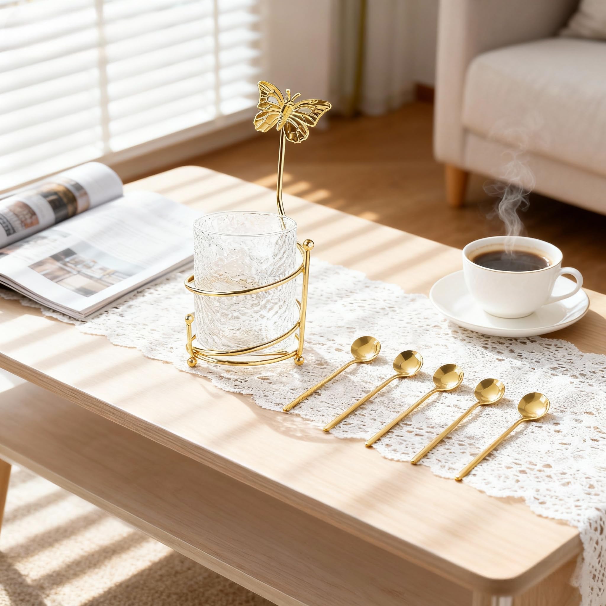 6 cucharas de café con soporte de vidrio, pequeñas cucharas de postre doradas de acero inoxidable, juego de mini cucharas de té para frutas, agitar, mezclar, azúcar, helado, pastel