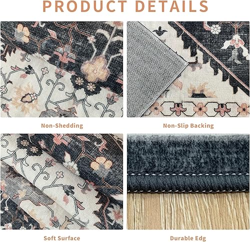 Miniatura 3 de Alfombra para interior, lavable a máquina, antideslizante, de pelo bajo, floral, azul negromulticolor, 5 pies 7 pies