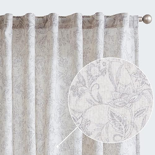 Lazzzy Linen Curtains Farmhouse Grey Floral Print Curtains 63 Inches Long Back Tab Drapes for Living Room Bedroom Semi Sheer Patterned Country Vintage Curtains 2 Panels Set Rod Pocket Gray on Beige