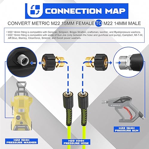 Miniatura 3 de M MINGLE Adaptador para lavadora a presión, métrica M22 de 0.591 in hembra a M22 0.551 in macho, 4500 PSI latón resistente, paquete de 2