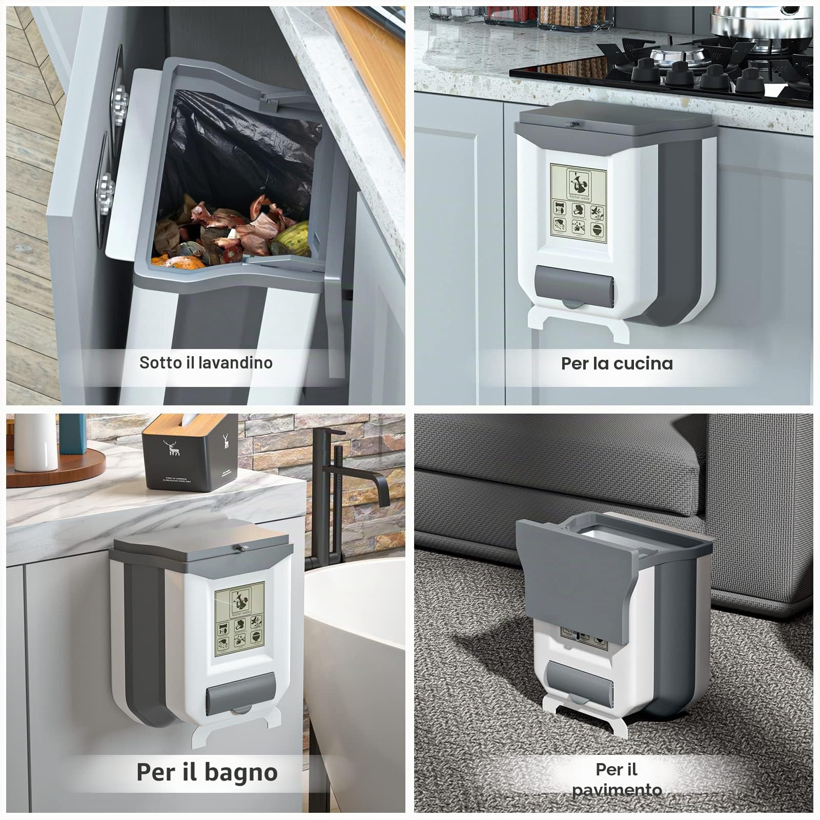 Gintan - Pattumiera pieghevole sospesa con coperchio, circa 9 l di capacità, per cucina, campeggio, auto, bagno, ufficio, camera da letto (grigio)