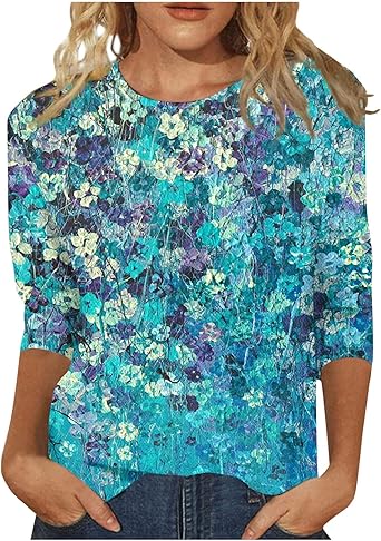 HTHLVMD Womens 3/4 Length Sleeve Tops 2025 Fall Fashion Floral Print Crewneck Causal Trendy Tunic Tops for Women