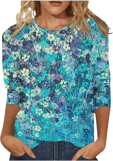 HTHLVMD Womens 3/4 Length Sleeve Tops 2025 Fall Fashion Floral Print Crewneck Causal Trendy Tunic Tops for Women