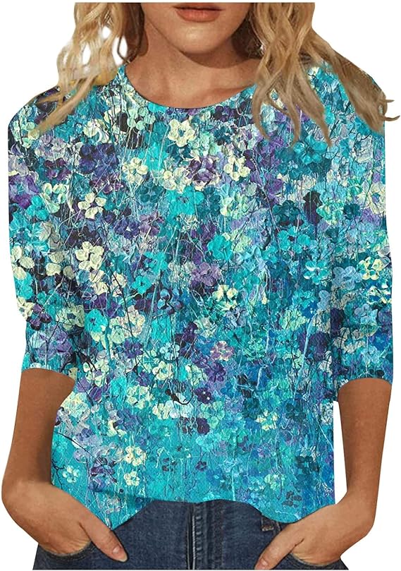 HTHLVMD Womens 3/4 Length Sleeve Tops 2025 Fall Fashion Floral Print Crewneck Causal Trendy Tunic Tops for Women