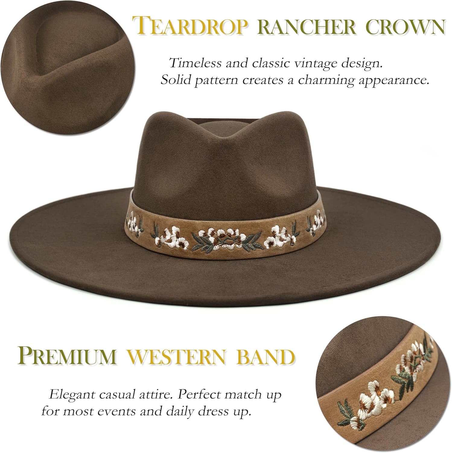 FLUFFY SENSE. Big Wide Brim Boho Western Hat for Women and Men - Felt Rancher Fedora Hat with 4 inches Flat Brim - Image 3