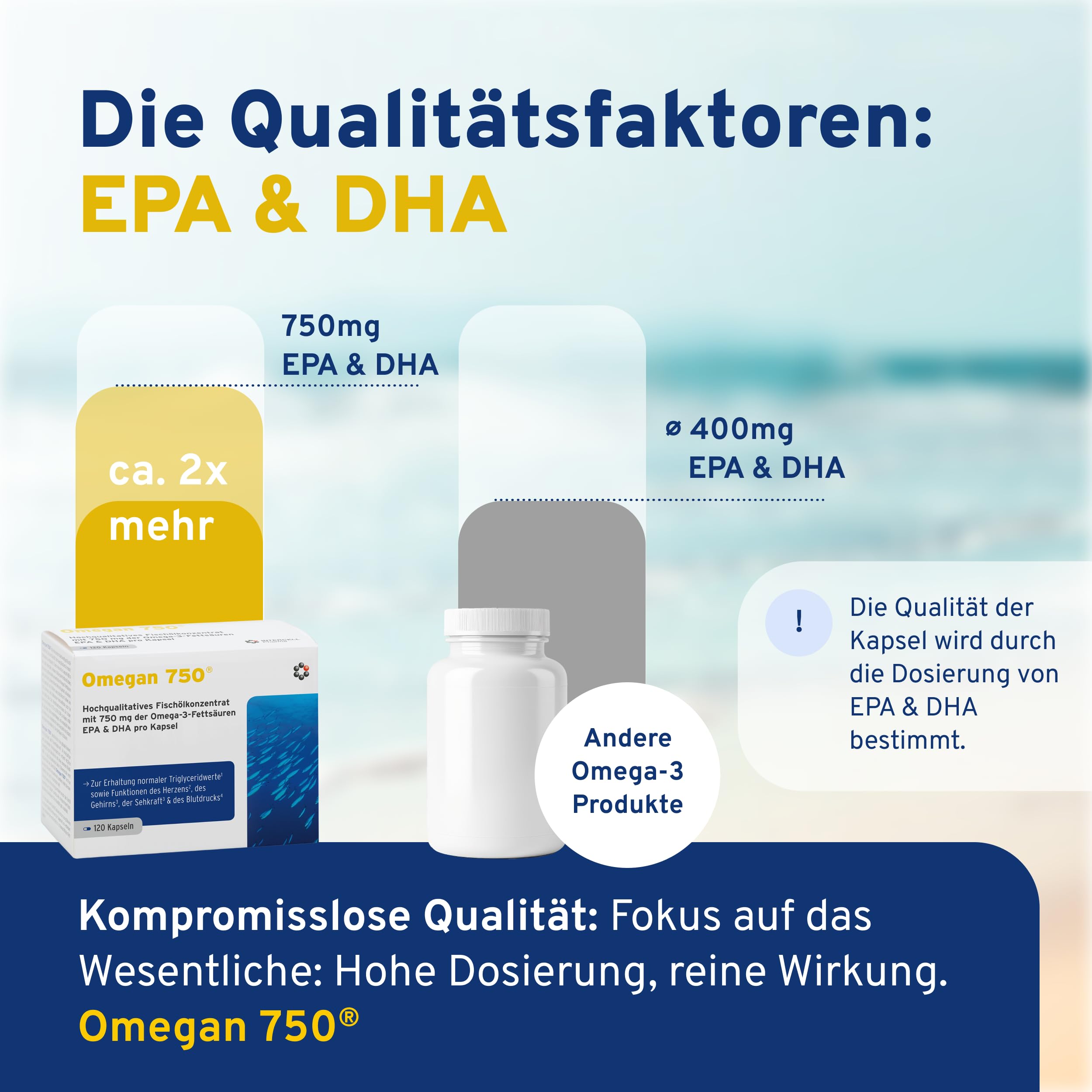 Omega 3 aus Fischöl frei von Antibiotika (120 Kapseln) - nachgewiesene Qualität nach EU-Arzneimittelstandard - 750 mg EPA & DHA pro Kapsel - patentiertes Destillationsverfahren entfernt Schadstoffe