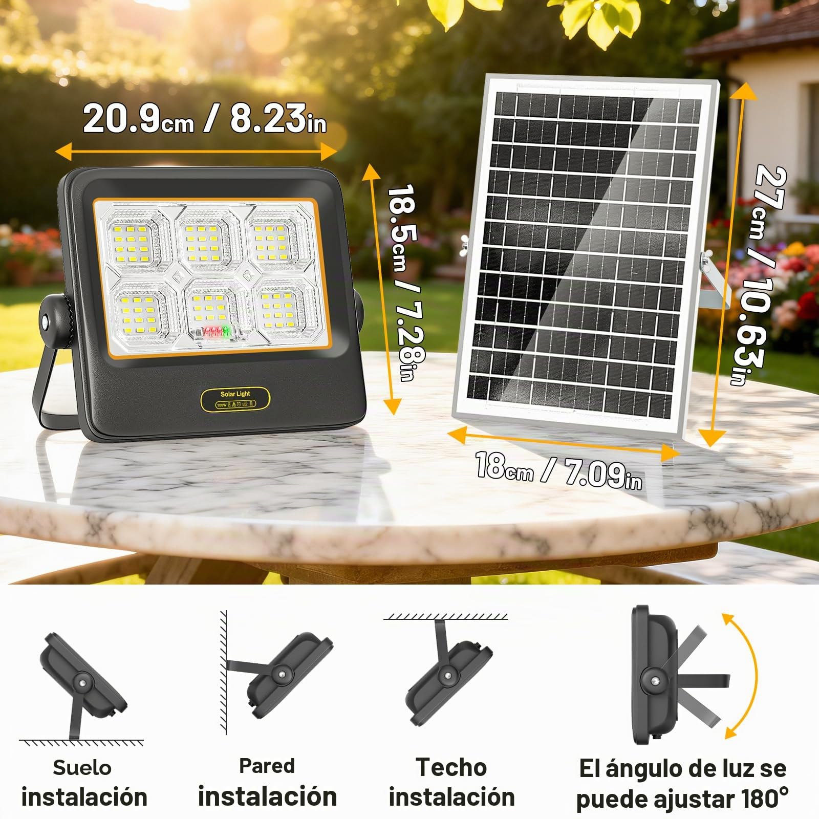 Eleganted Focos Led Solar Exterior, IP67 Impermeable Lampara Solar con Mando a Distancia, 100W Luz solar Exterior con un Cable de Extensión de 4.2M, para Jardin Garaje Terraza