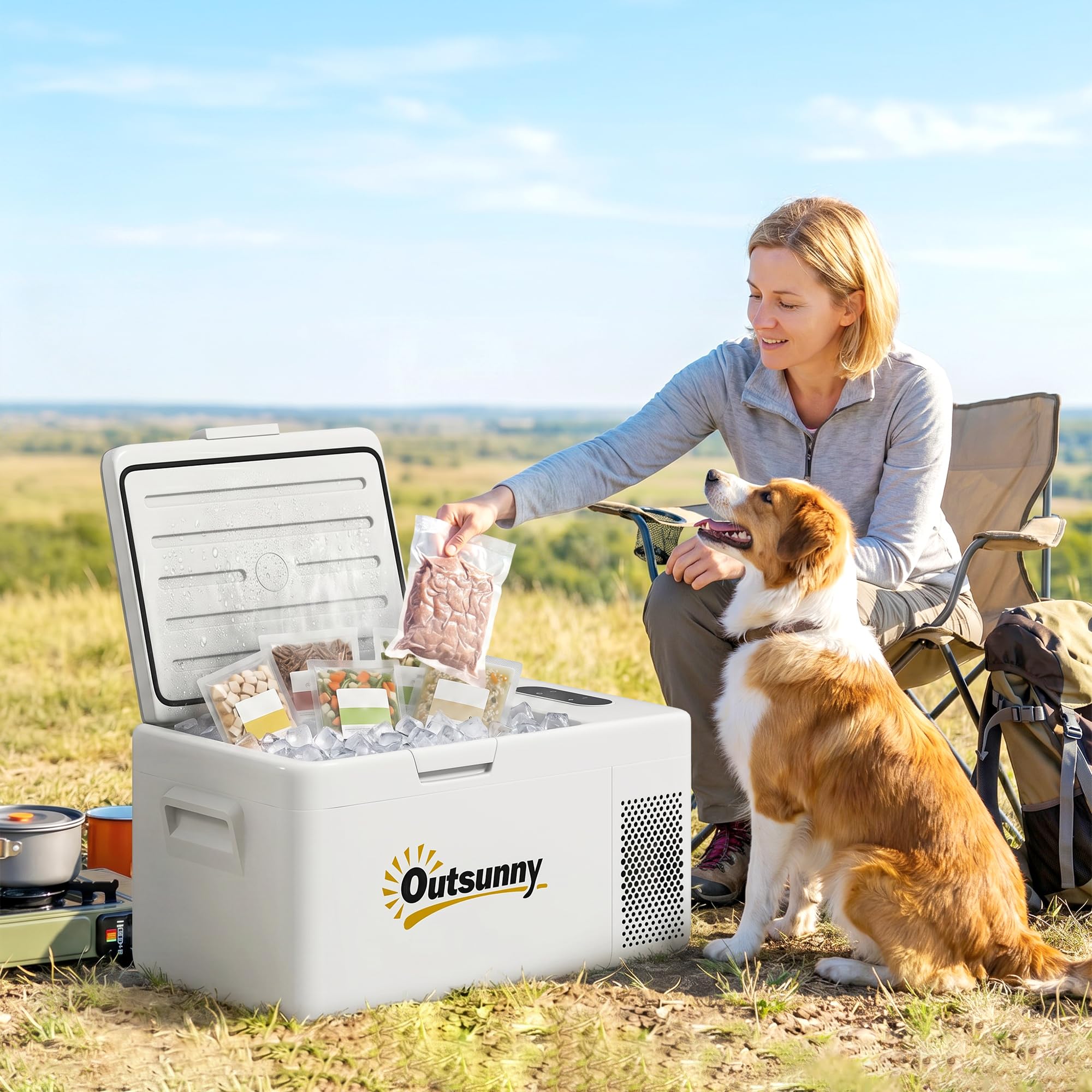 Outsunny Nevera Portátil Eléctrica 16,8L Refrigerador de Coche 12/24/220V con Compresor Luz LED Pantalla Digital Modos ECO y MAX de -20℃ a +20 ℃ Puerto USB para Hogar Camping Viajes Automóvil