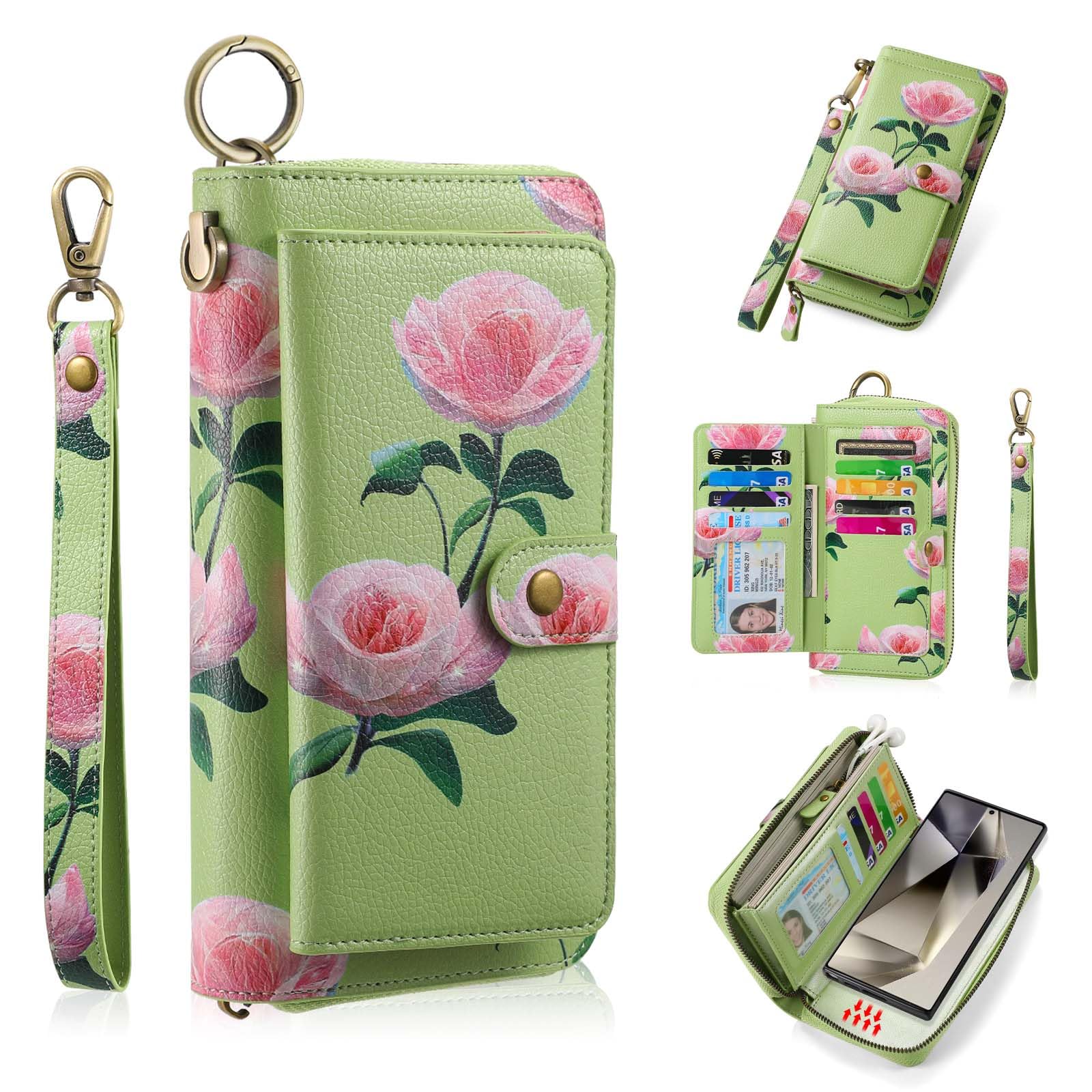 LITOU Compatible for Samsung Galaxy S24 Plus Phone Case Wallet for Women Men, Card Holder Magnetic Detachable Wristlets Clutch Zipper Leather Wallet