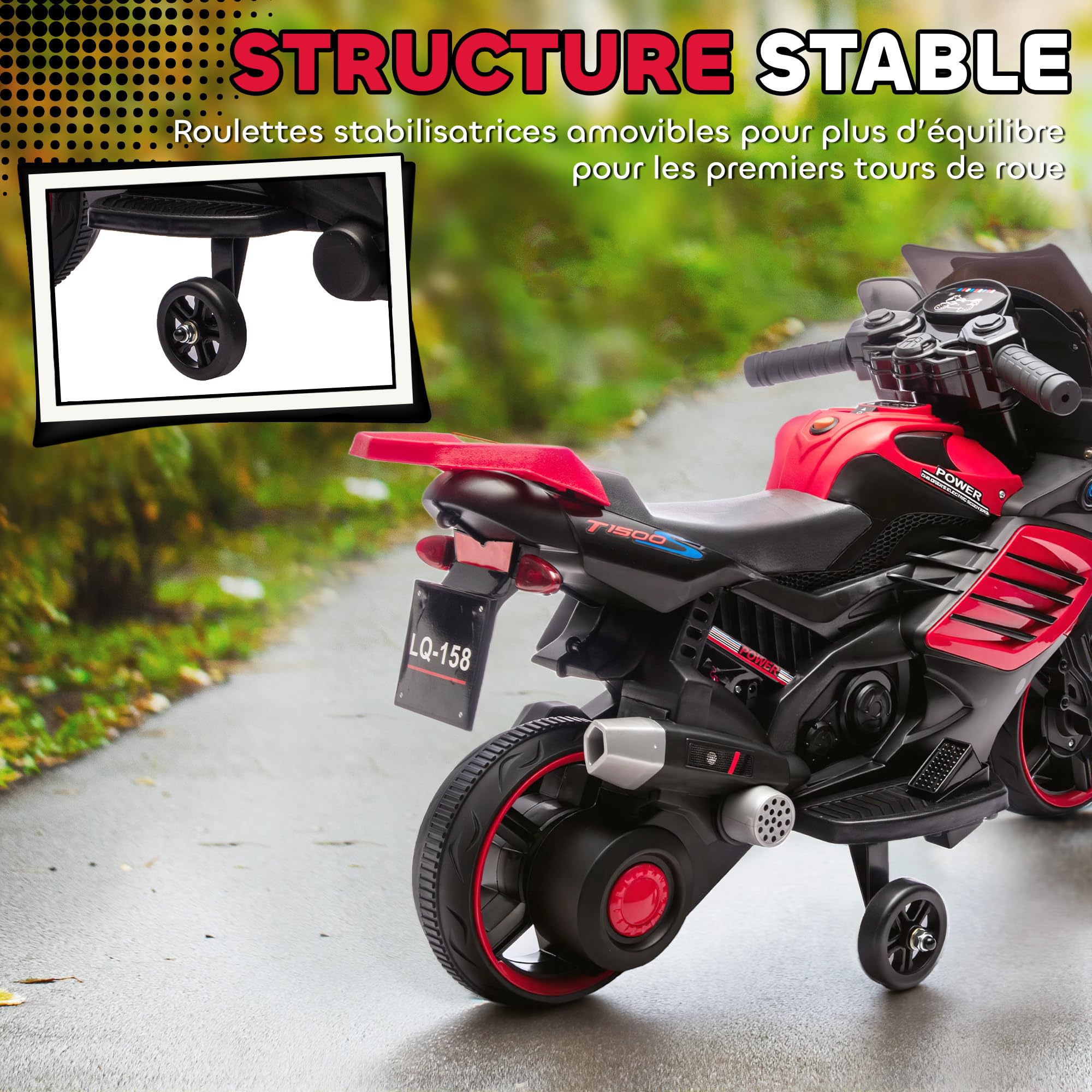 AIYAPLAY Moto Électrique Enfants 6 V, Voiture Électrique Enfants avec Roues d'Entraînement Amovibles, Effets Lumineux et Sonores, Vitesse Max. 2,5 km/h, pour 18-36 Mois, Charge Max. 25 kg, Rouge
