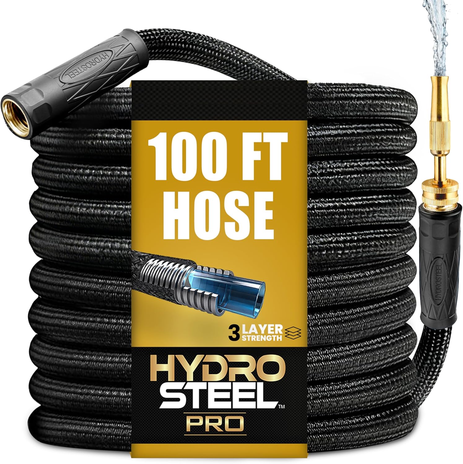 Hydrosteel PRO 100 Ft Metal Garden Hose with Nozzle, Water Hose Made from Heavy Duty 304 Stainless Steel, Flexible, Lightweight, Brass Crush Resistant Fittings, Kink Free, 5/8” Diameter, 600 PSI