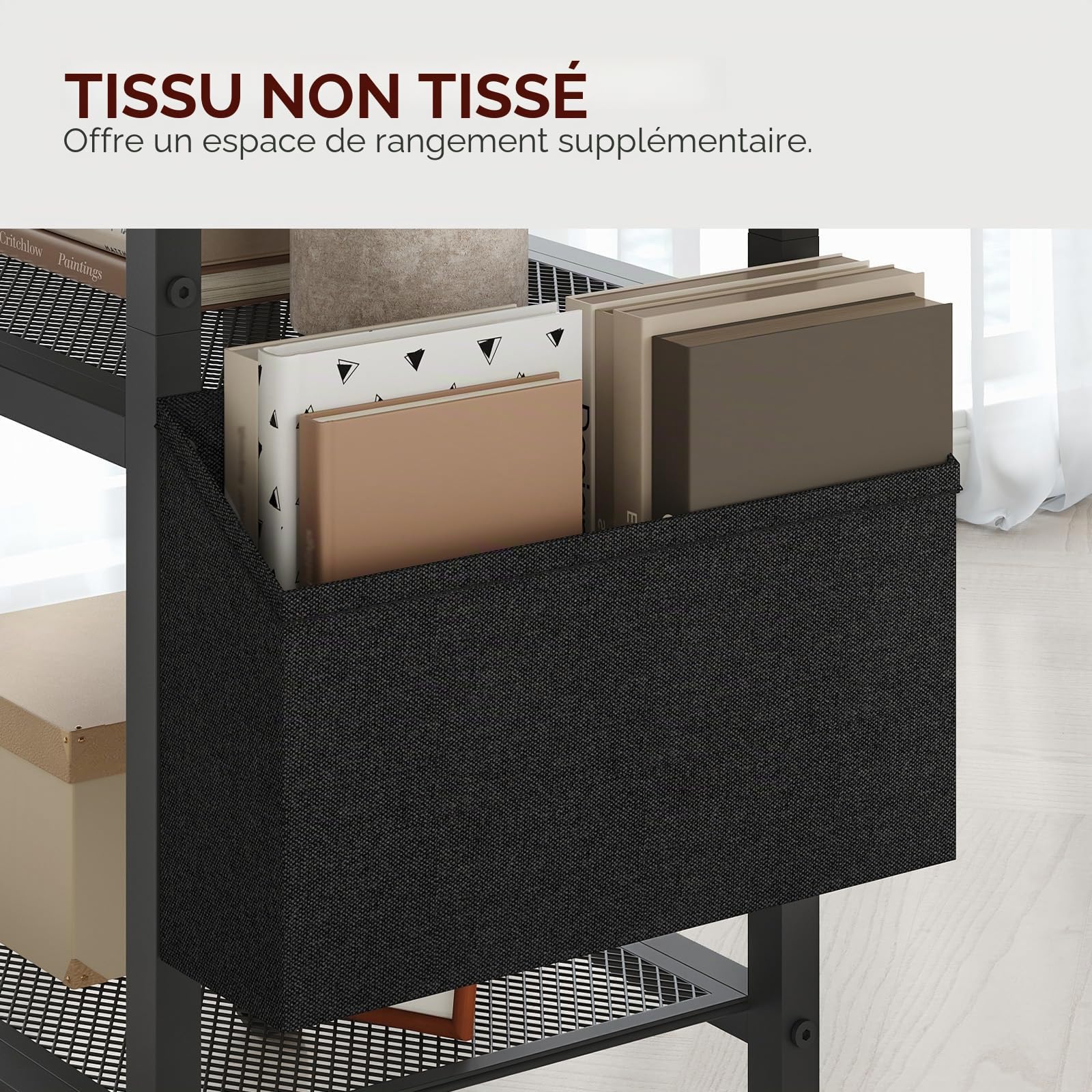 MAHANCRIS Support d’Imprimante à 4 Niveaux avec roulettes, Étagère de Rangement de Style Industriel, avec Pochette, Plateau en Bois, 2 Crochets, pour Bureau, Marron Rustique et Noir APTHR2601