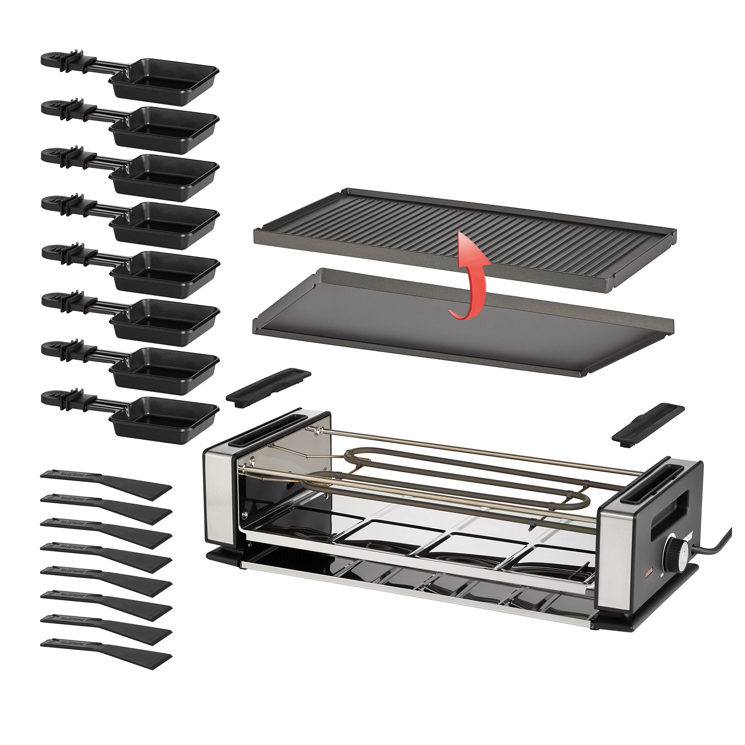 Unold 48730 Raclette Finesse Basic – grill raclette dla 8 osób, 1200 W, dwustronna płyta grillowa nieprzywierająca, elektryczny grill stołowy, stal nierdzewna/aluminium