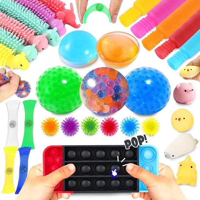 Fidget Sensory Toys for for Autism, ADHD. 2 Stress Relief Balls, 2 Soybean Squeeze, 2 Flippy Chain and 3 Large Size Stretch Strings with Reusable Packaging (Premuim Quality)
