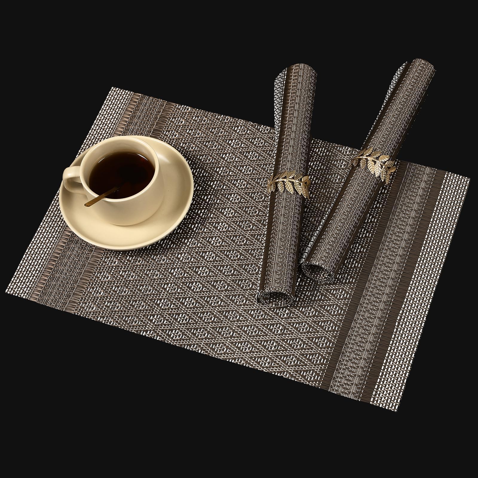 FAVE Placemats Set of 6 Brown Placemat Woven with Silver Thread Vinyl Placemats Heat Resistant Table Mats Set of 6 High Texture Place Mats for Kitchen Table(Brown)