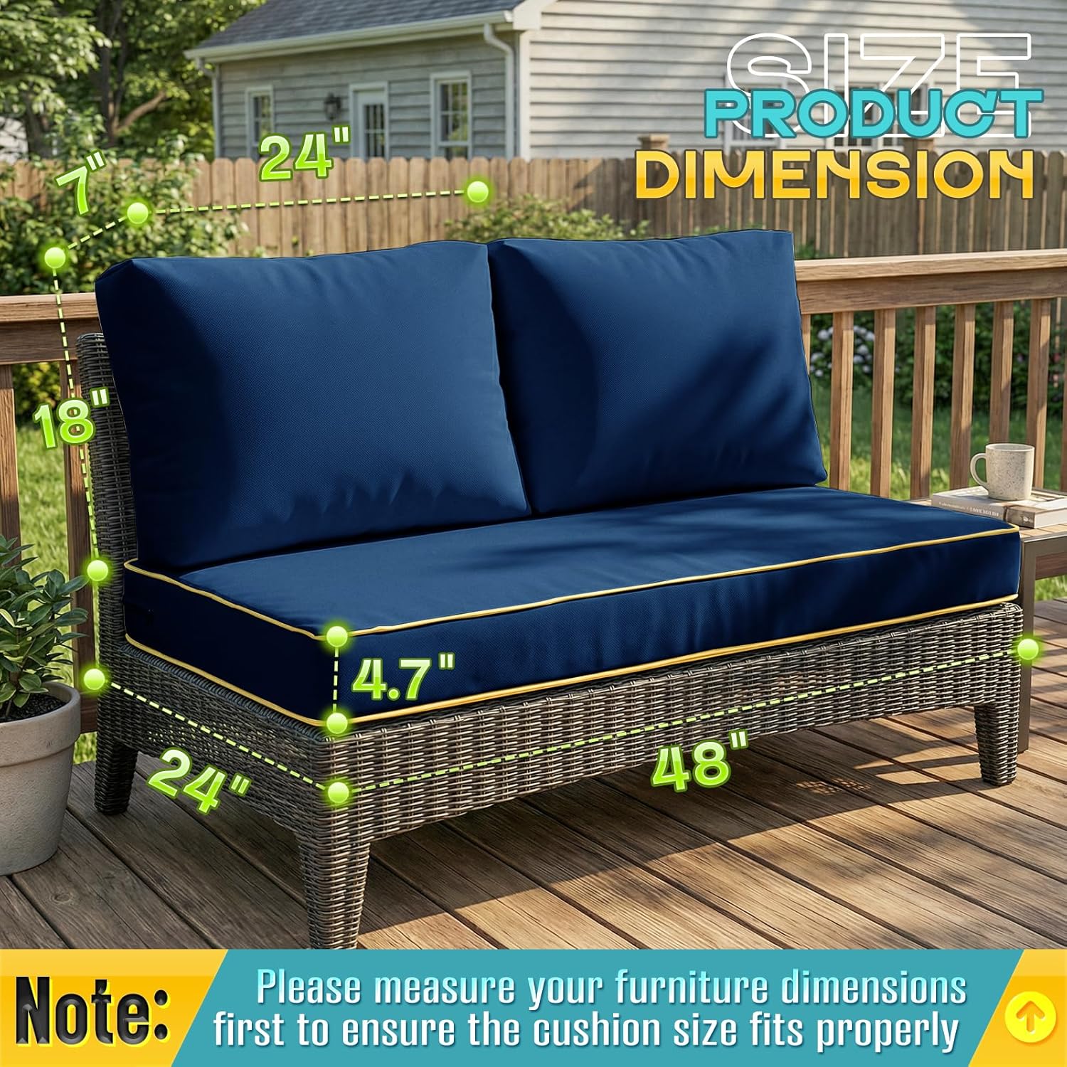 Outdoor Sofa Cushion Set - Plush Patio Seat and Back Pillows, Thick Comfort Foam for Porch, Deck, Garden Furniture Cushion Replacement (Blue)