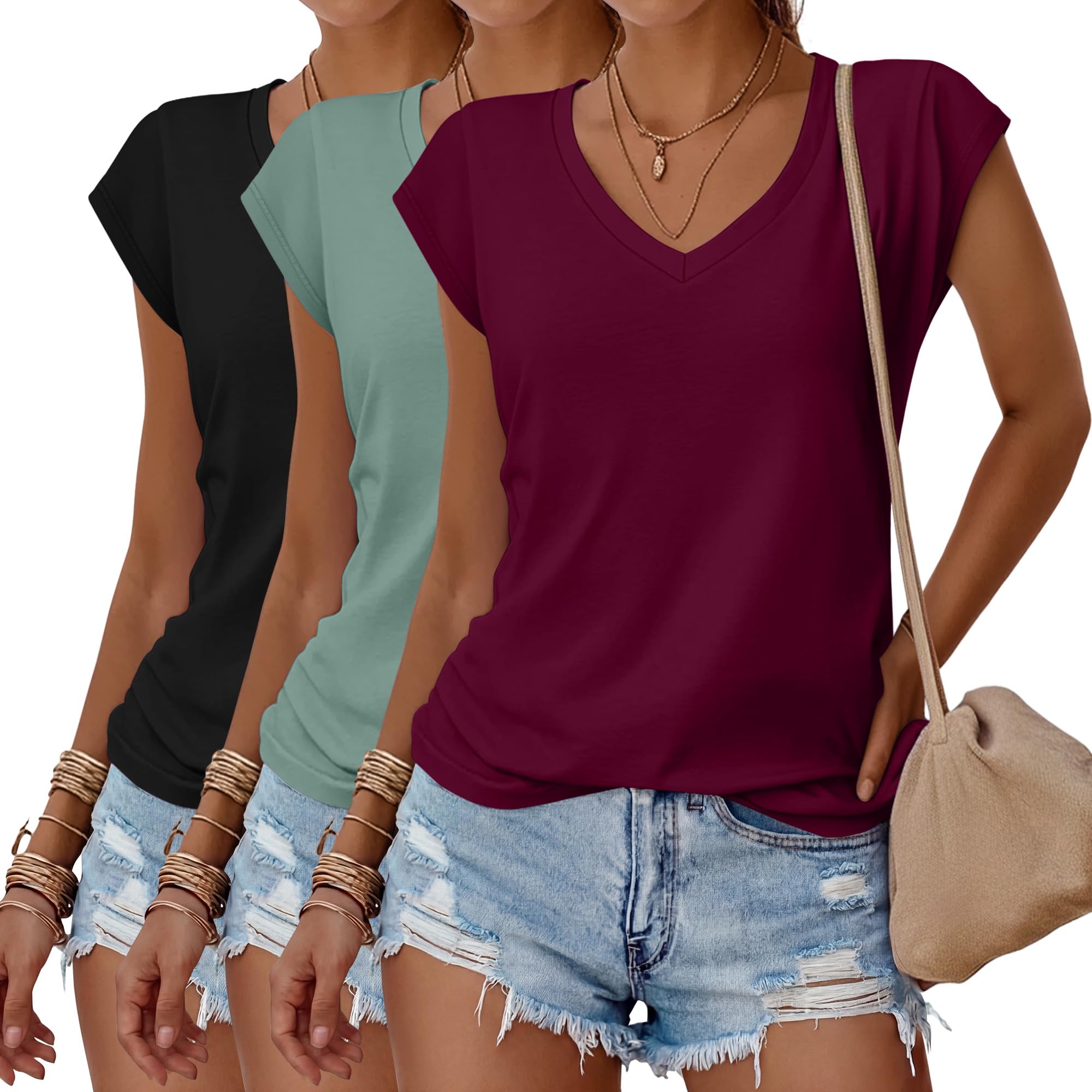 Huukeay 3 Pack Women's V Neck Short Sleeve Shirts | Soft but Sturdy Fabric, Roomy Drapey Fit, Cap Sleeve, Casual Summer Wear, Year-Round Wearable Style