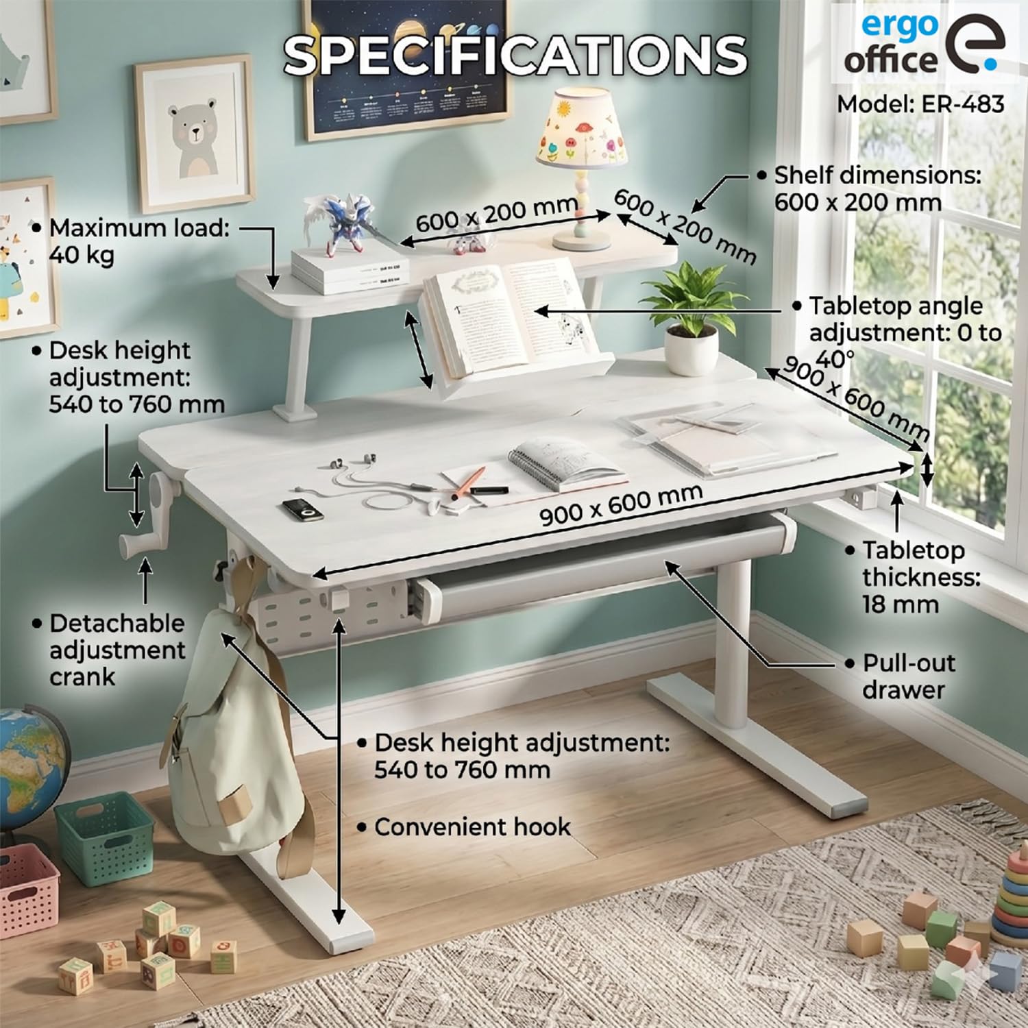 Ergonomiczne biurko ER-483 kids' height and angle adjustable to 40°, extra shelf with book holder, school table for kids up to 40 kg, drawer hook