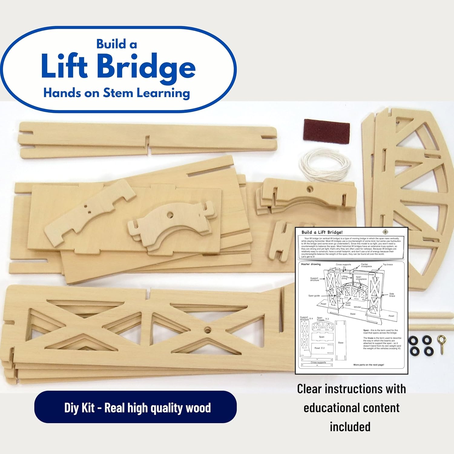 PATHFINDERS STEM Kit – Strauss Lift Bridge Model – DIY Wooden Engineering Build Kit for Kids Teens & Adults – Working Drawbridge Mechanism – Educational Gift