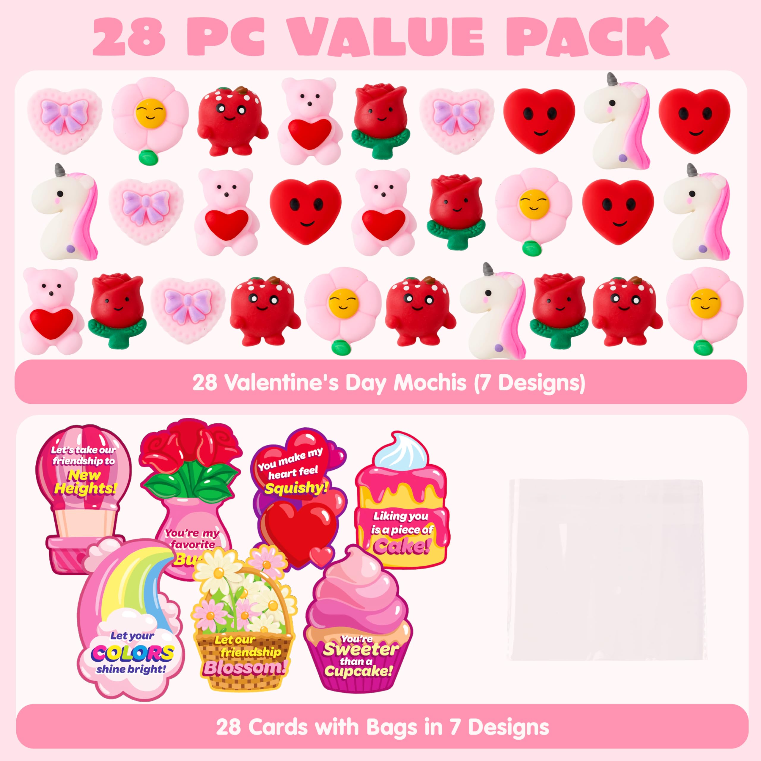 JOYIN 28 Packs Gift Cards with Mochi Toys, Stress Relief Fidget, Cute Miniature Novelty Squeeze Toys for Kids Party Favors, School Exchange and Goody Bag Fillers