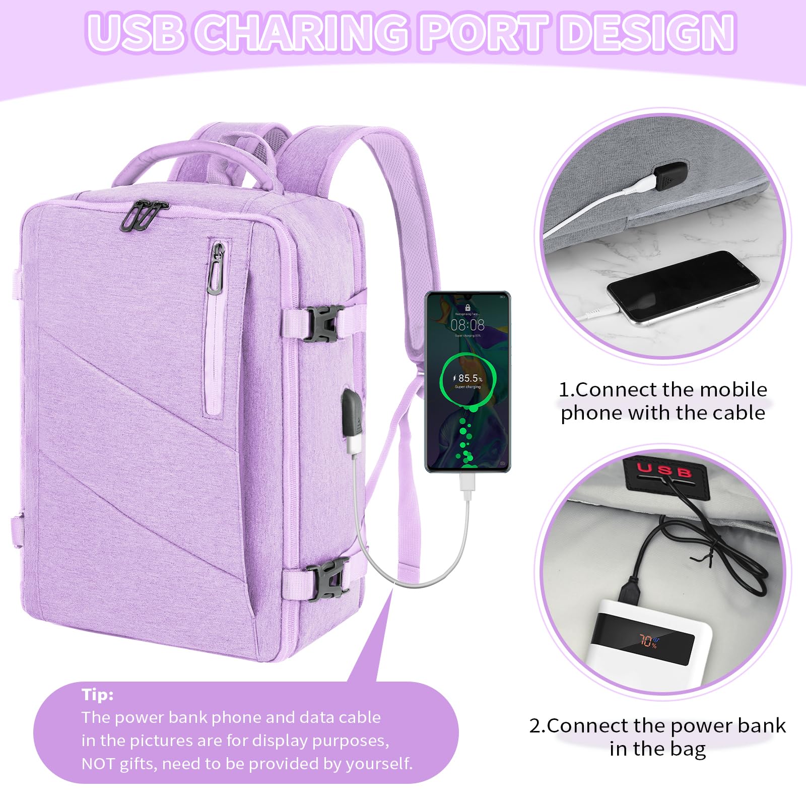 VOESLD Zaino per Ryanair 40x20x25, da Viaggio Aereo Bagaglio a Mano Viola per PC Donna Impermeabile, con Porta USB 20L