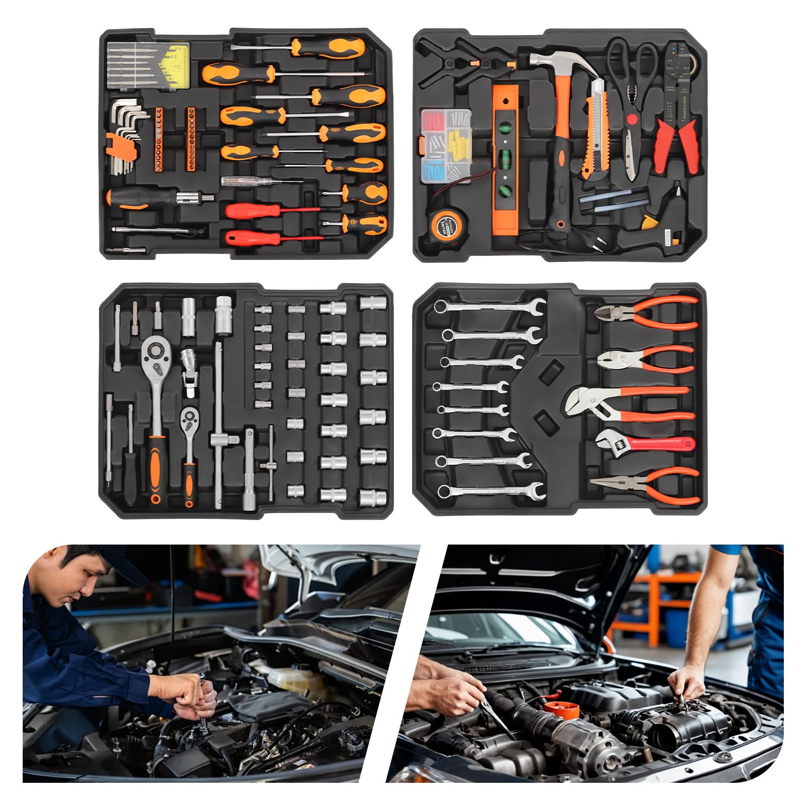 Werkzeugkoffer Gefüllt mit Trolleyfunktion, Werkzeugkasten mit 187 Werkzeuge Werkzeugtrolley Werkzeugset, für Reparatur und Wartung von Motorrädern, Fahrrädern und Autos