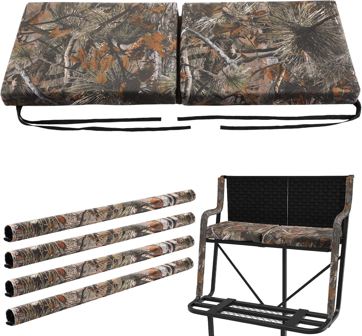 Thyle Two People Foldable Tree Stand Seat Cushion 31.5 x 13 x 2 Inch Replacement Seat Pad and 4 Pcs 25 x 5.5 Inch Tree Stand Rail Pads Waterproof Camo Rail Pad for Outdoor Deer Hunting Ladder