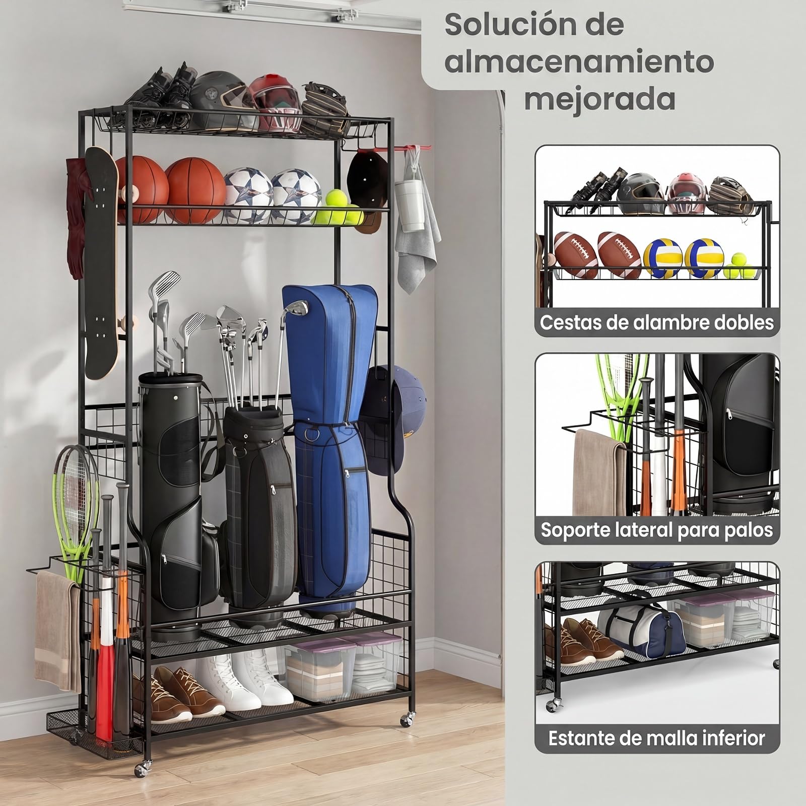 GYMAX Estante Organizador para Bolsas de Golf y Accesorios, con Capa Adicional para Palos y Ruedas Universales Bloqueables, para 2 Bolsas, Ideal para Garaje, Sótano y Cobertizo
