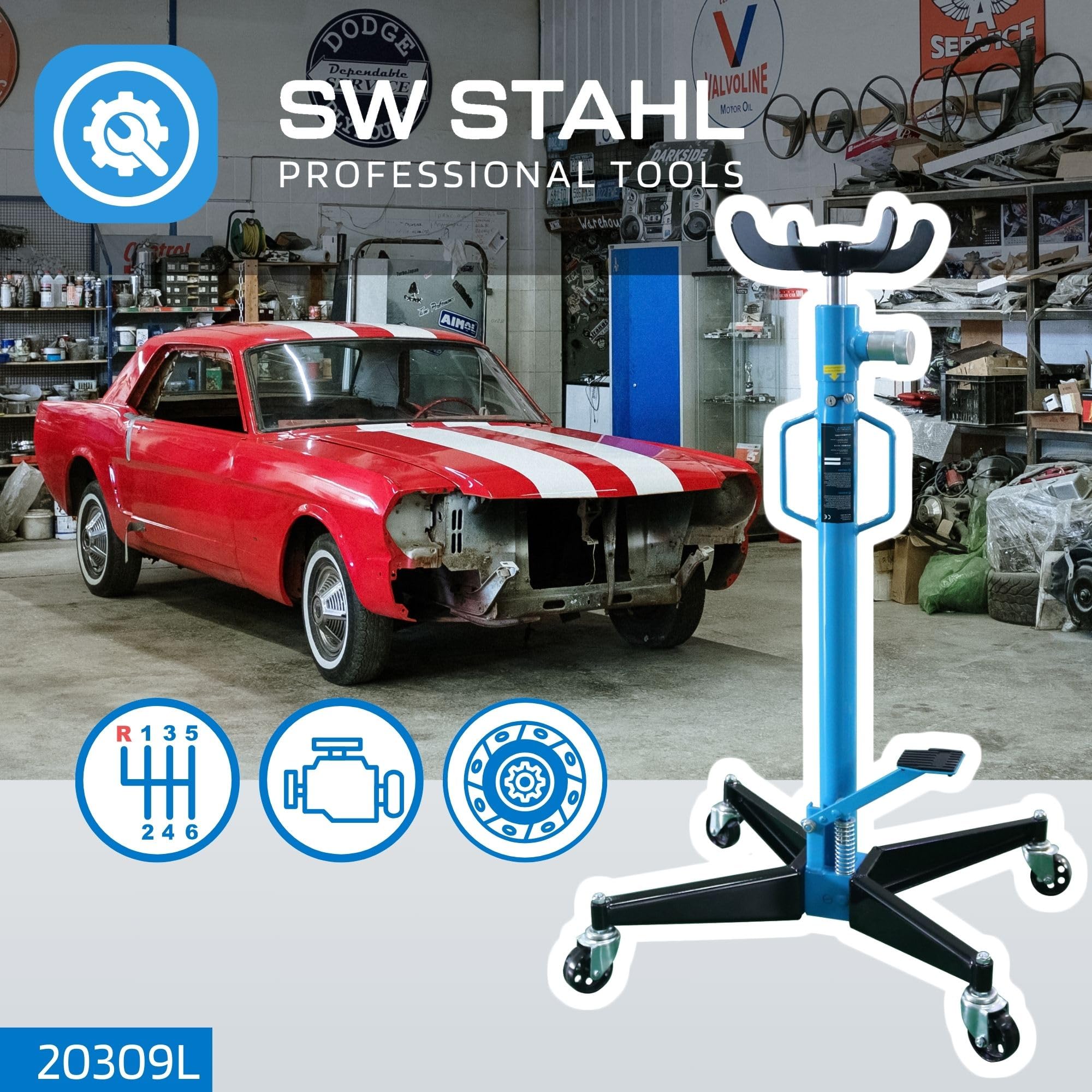 SW-Stahl 20309L Getriebeheber 500 kg - Motorheber & Faulenzer | Hydraulischer Heber für Getriebe, Motoren & Kupplungen - Mobile Hebebühne für Werkstatt - Tragkraft 0,5t