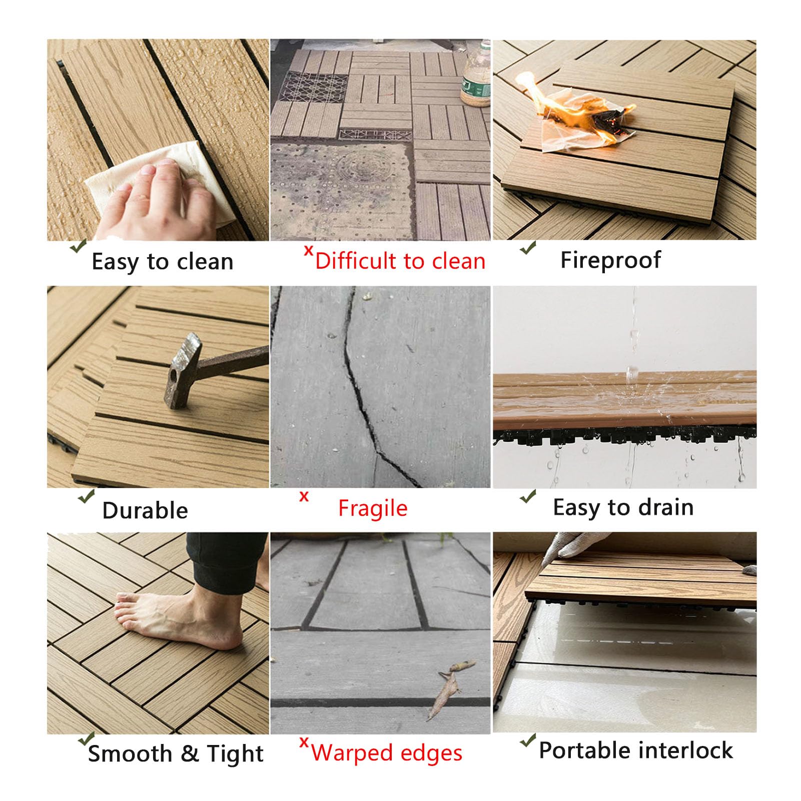 Piastrelle ad incastro in legno-plastica per balcone esterno, design a scatto con motivo in rilievo per una facile installazione