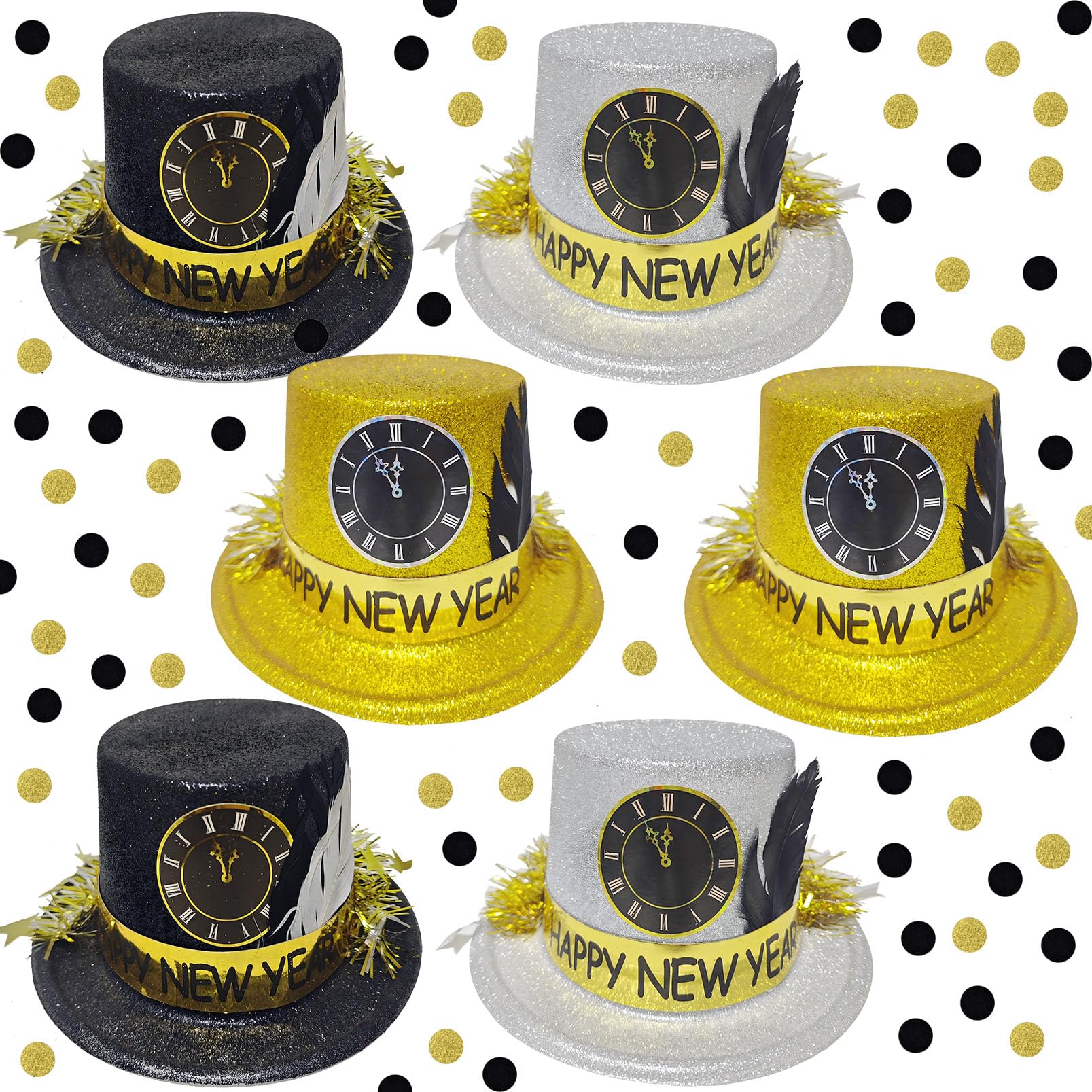 New Year's Eve Party Supplies 2025 - 6 Pcs Adults Black, Silver & Gold Glitter Top Hats with Feather - New Year's Celebration Hats