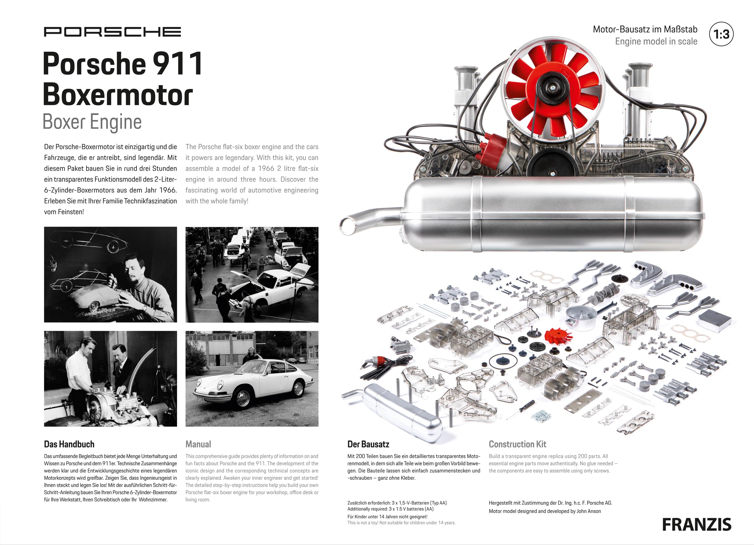 Franzis 67224 - Motore da Boxe Porsche 911, Kit da 290 Pezzi, Modello Funzionale Trasparente, Albero Motore Mobile, Pistoni e valvole, con Motore a 6 cilindri raffreddato ad Aria