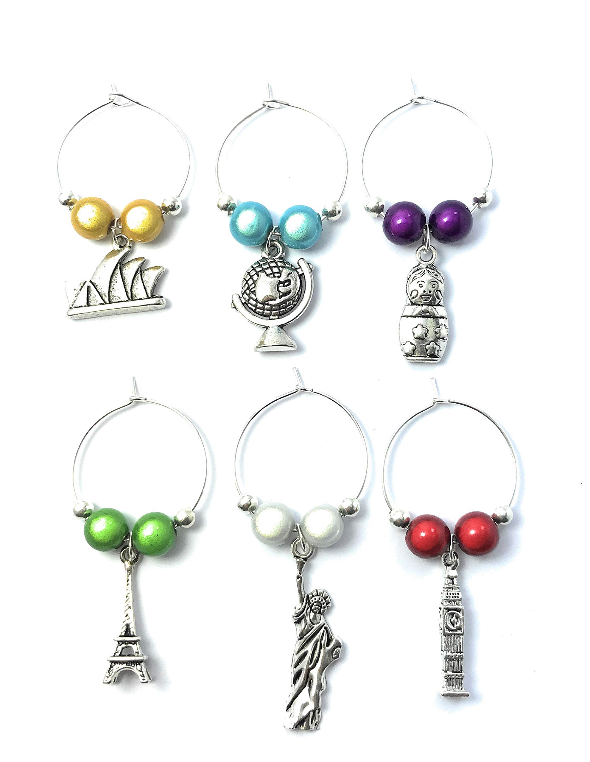 Libby's Market Place Multicolour Around The World Wine Glass Charms With Organza Gift Bag