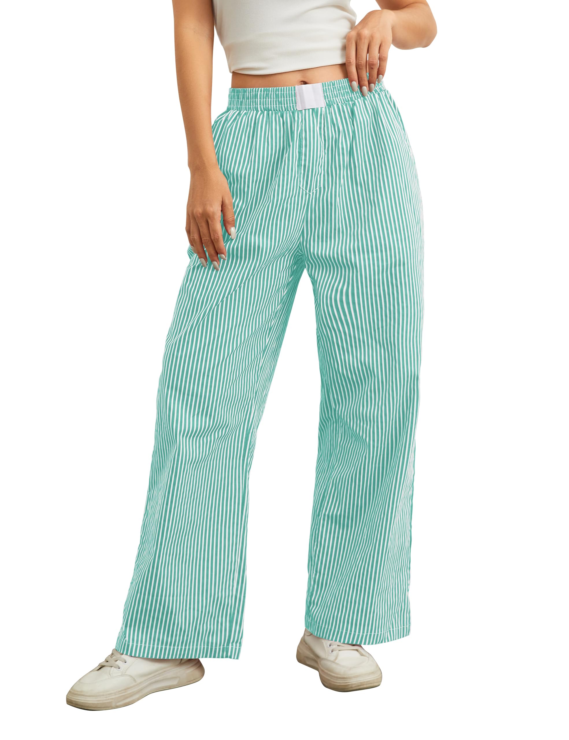 Women Elastic Waist Striped Pants Y2K Wide Leg Striped Print Trousers Low Waist Striped Lounge Pants with Pockets