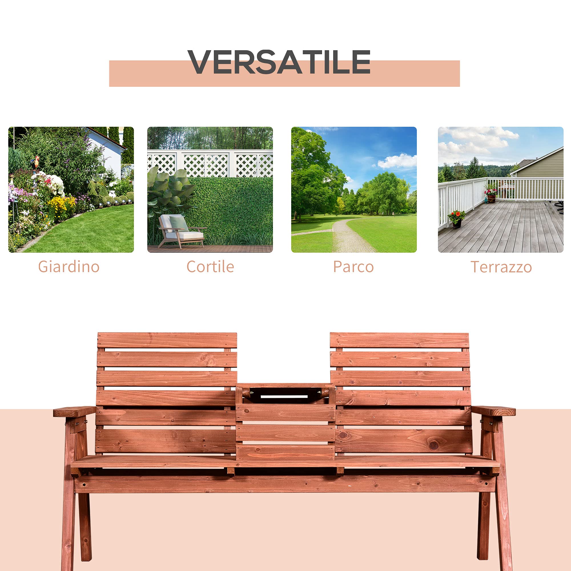 Outsunny Panchina da Esterni in Legno di Abete 2 o 3 Posti, 160x68x92cm | Tavolino Convertibile in Seduta, Impermeabile