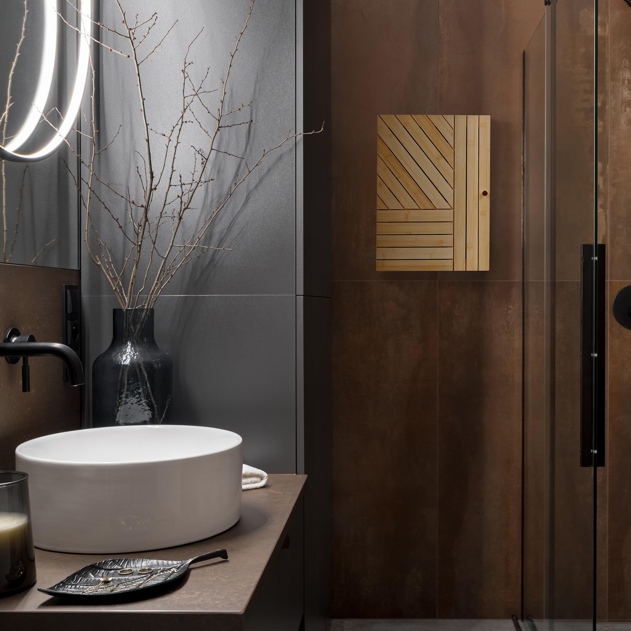 Relaxdays Armoire Suspendue pour Salle de Bain, Bambou, Niveaux réglables, Montage Porte Flexible, 55x40x20 cm, Nature