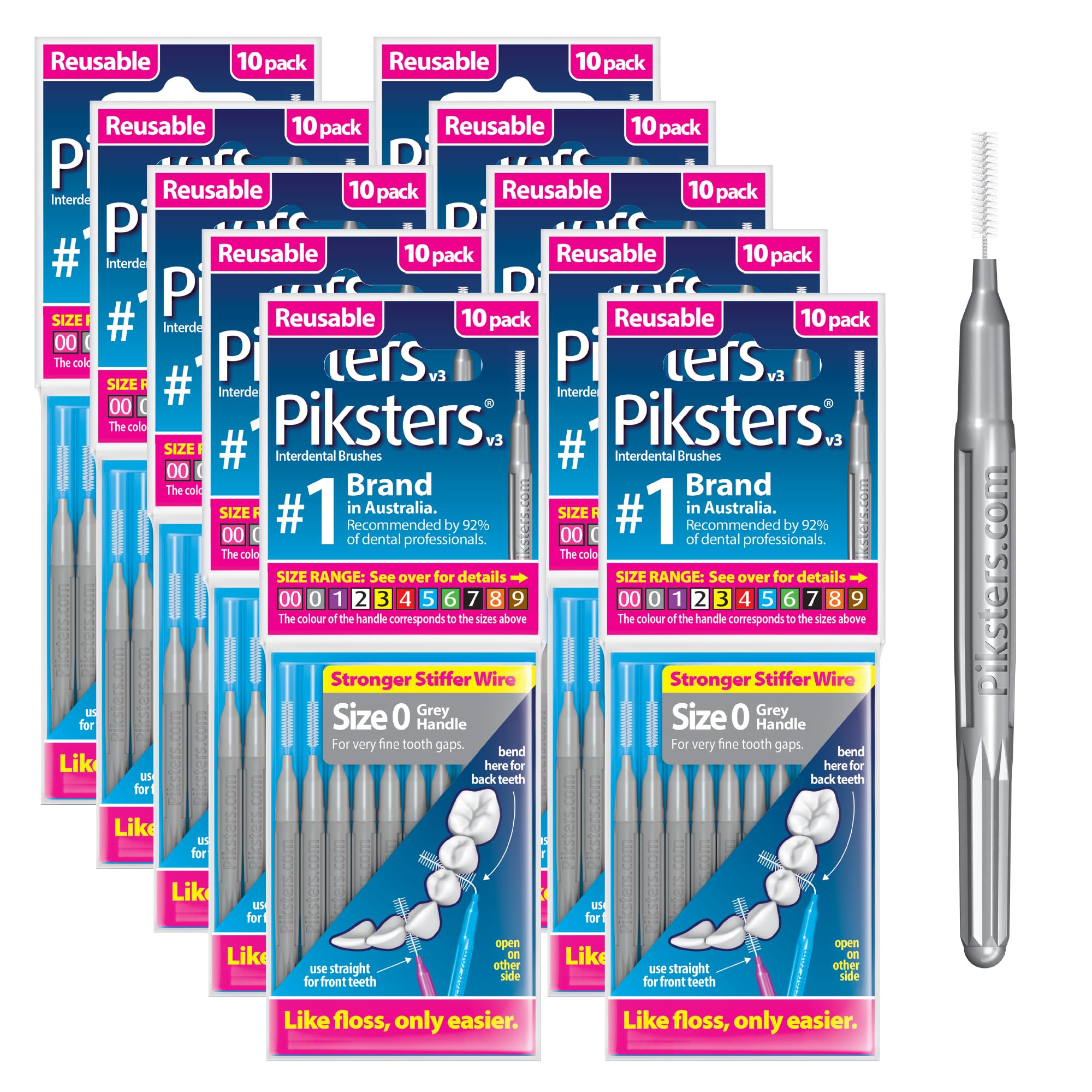 Piksters Interdental Brushes, Size 0, 100 Count (10 x 10 Packs), Interdental Tooth Brush for Very Tight Gaps, Gum Soft Bristles for Plaque Removal, Safe for Braces (100 pk) 100 Count (Pack of 1) multi