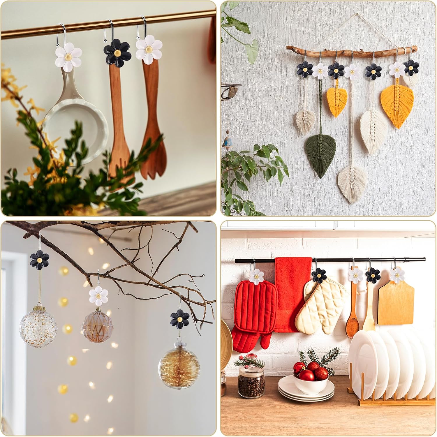 3D Floral Shower Curtain Hooks, 12 Pcs Rust Proof Resin Metal Hooks Shower Curtain Rod Rings, Ideal for Bathroom, Bedroom, Living Room Fun Home Decor (Black and White) image 2