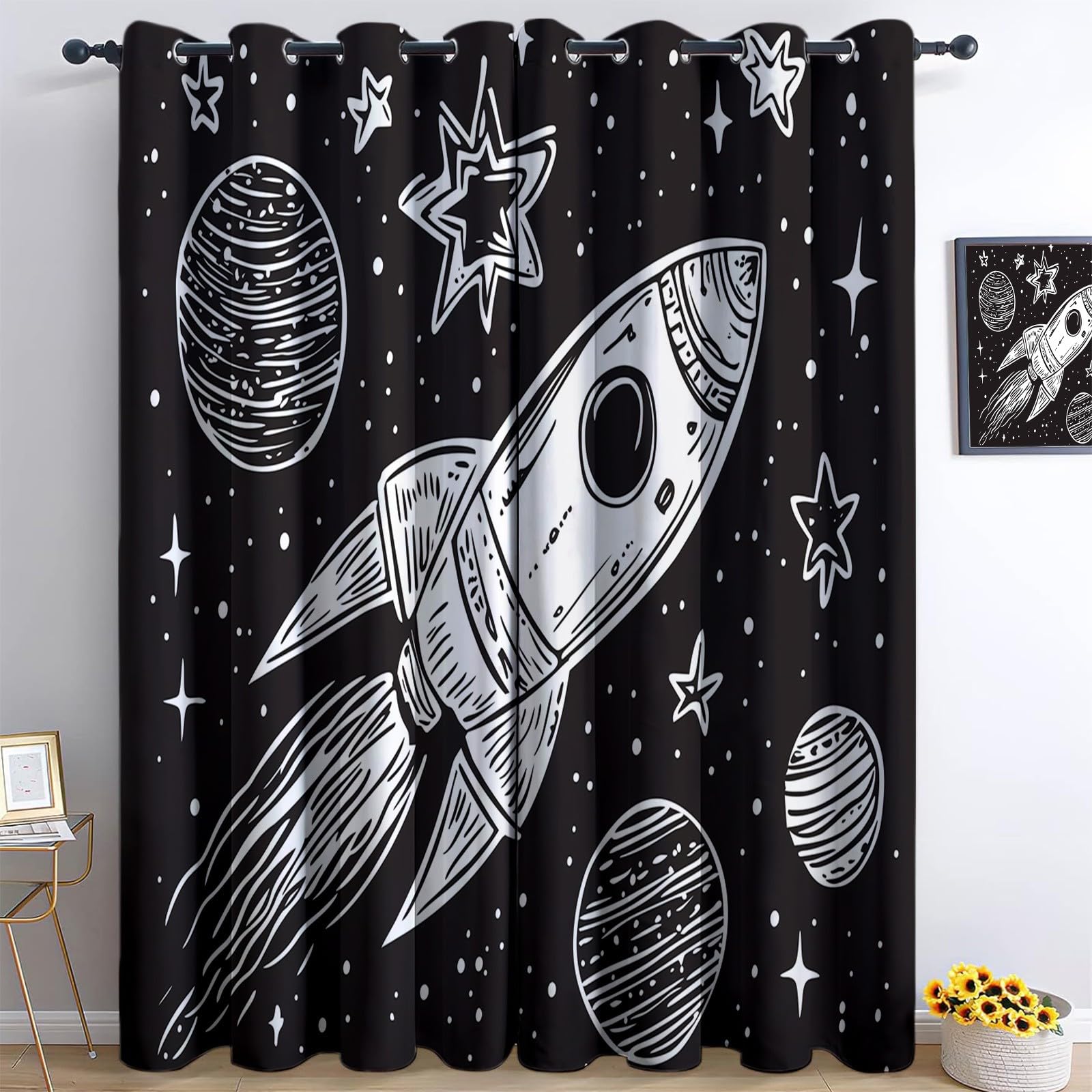 Black and White Blackout Curtains W 66" x L 72" x 2 for Bedroom and Living Room, Soft Cartoon Space Rocket Universe Heart Shape Printed Thermal Insulated Curtains, Eyelet Light Blocking Window Drapes
