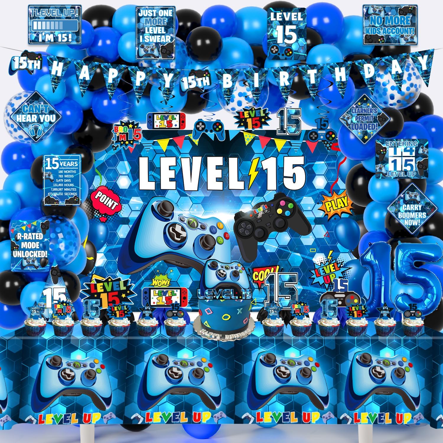 KOTLMIGHT 15th Birthday Decorations for Boys, 150Pcs Blue Video Game level 15 Party Supplies for Boy 15th Birthday - Backdrop, Banner, Balloons, Tablecloth, Centerpieces, Hanging Swirls, Wall Signs