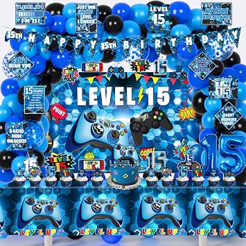 KOTLMIGHT 15th Birthday Decorations for Boys, 150Pcs Blue Video Game level 15 Party Supplies for Boy 15th Birthday - Backdrop, Banner, Balloons, Tablecloth, Centerpieces, Hanging Swirls, Wall Signs