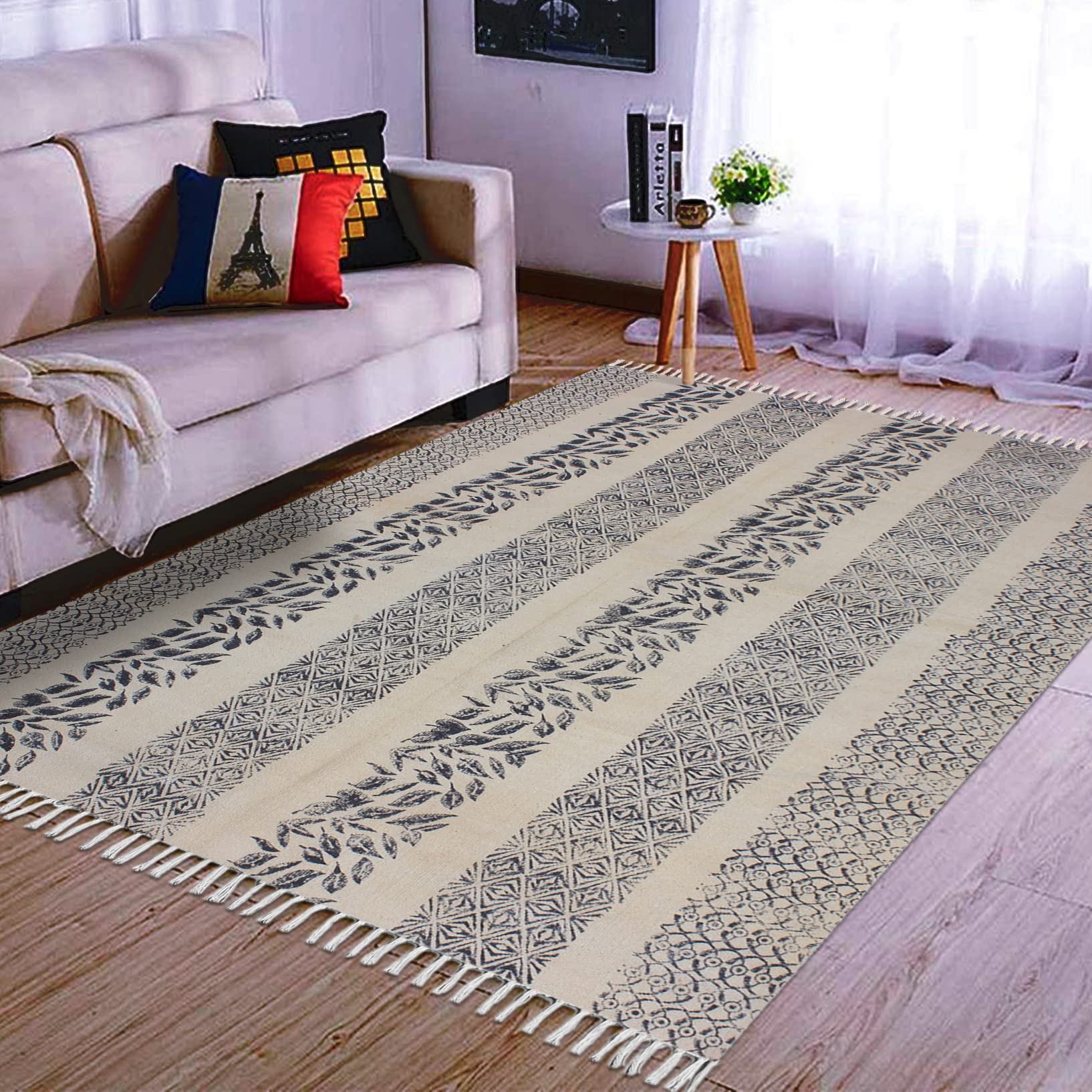 Tappeto da bagno bohémien per camera da letto Kilim in cotone Dhurrie Bohemian Kilim Flat Weave Beige & Black Area Tappeto decorativo facile lavabile Nappa Tappeto 180 x 180 cm