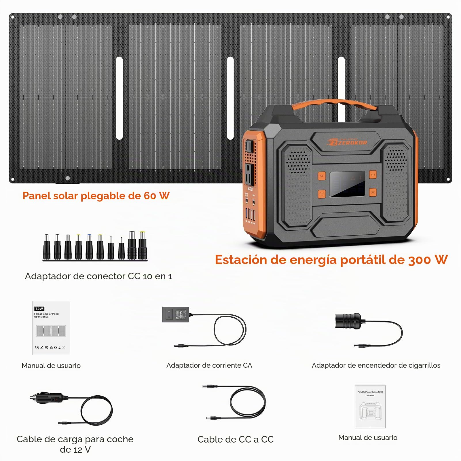 Generador solar portátil, estación de energía portátil de 300 W con panel solar plegable de 60 W, onda sinusoidal pura de 110 V, paquete de batería de litio de 280 Wh con salida de CA CC para uso en