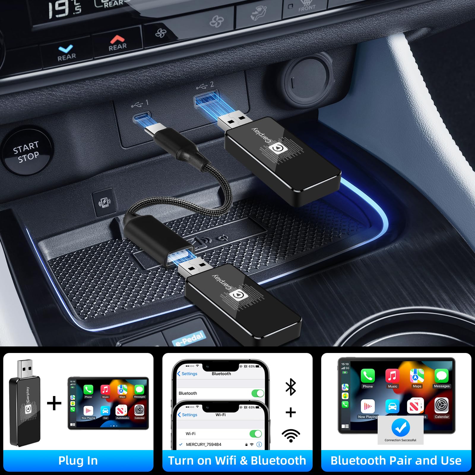 Adattatore Wireless Android Auto – Da Cablato A Wireless, Bluetooth 5.3, WiFi Duale, Per Auto Con CarPlay (escluse BMW/Skoda/Sony/Tesla)