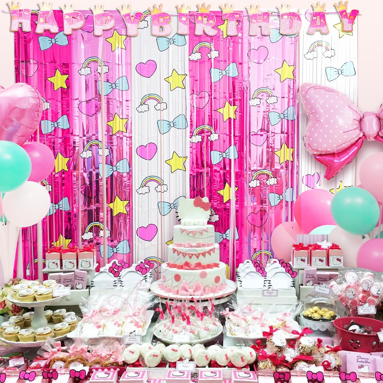 Kawaii Birthday Party Decoration, 2 Pack Cartoon Cat Kitty Party Photo Booth Prop, Bow Fringe Curtains Tinsel Photo Streamers Backdrop for Girls Kitty Theme Party Supplies