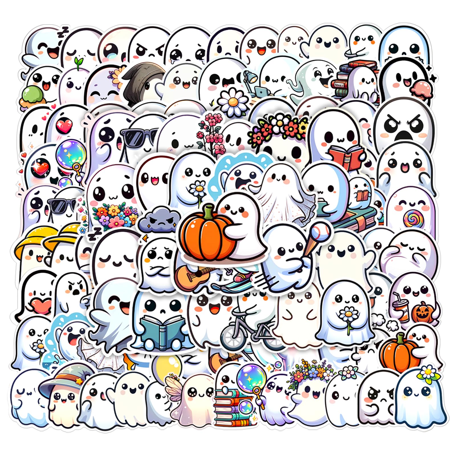 Photo 1 of 100 PCS Halloween Ghost Theme Vinyl Stickers, Cute Ghost Decorative Stickers for Parties, Suitable for Children, Teens, and Adults, Ideal for Water Bottles, Laptops, and Cups